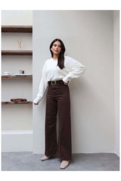 ESRAHELVACI Wide Leg Stretch Fabric Pants with Stitching Detail