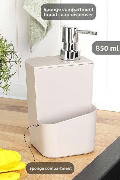 Meleni Home Liquid Soap Dispenser with Sponge Holder - Countertop Soap Dispenser with Sponge Holder Kitchen Organizer 850ml Beige
