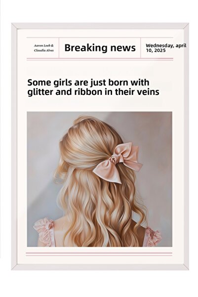 Zestia Tablou înrămat alb, păr blond cu panglică roz, poster decorativ pentru...