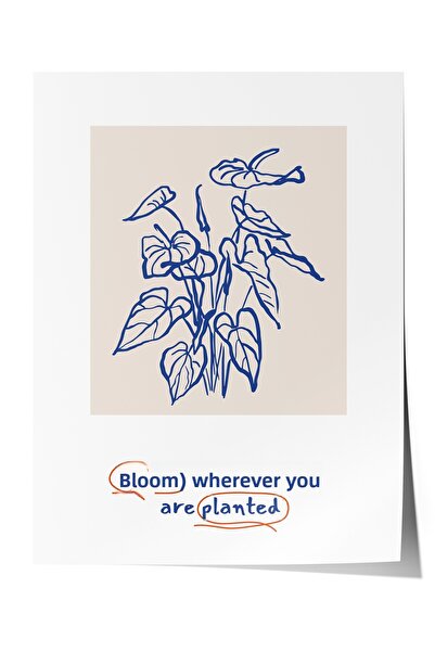 Zestia Плакат без рамка, сини рисувани цветя – минималистична линейна графика...