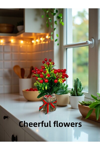 NEŞELİ ÇİÇEKLER Artificial Christmas Ornament Natural Log and Artificial Kokina Flower 30cm Decoration Tabletop Decor Home Ornaments