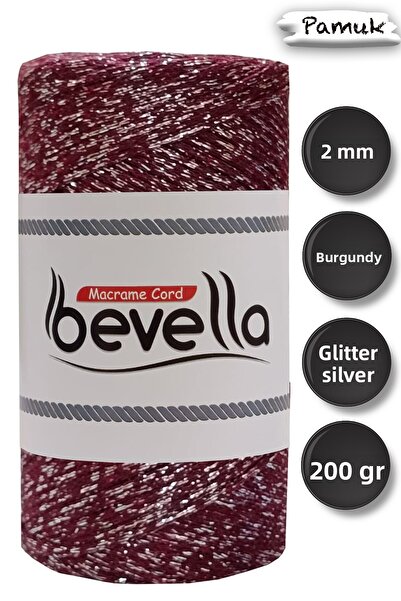 Bevella Macrame Cord Ultra Shiny 2 mm Burgundy Silver Macrame Cord 200 Gr
