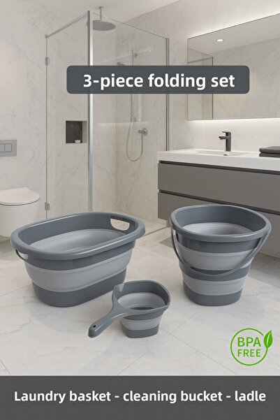Funny Life Σετ Καθαρισμού Πτυσσόμενο 3 τεμαχίων Γκρι - Καλάθι Ρούχων - Κάδος ...