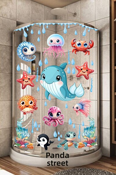PANDA SOKAĞI Shower Cabin Sticker Crab Fishes and Dolphin Series Sticker, Chi...