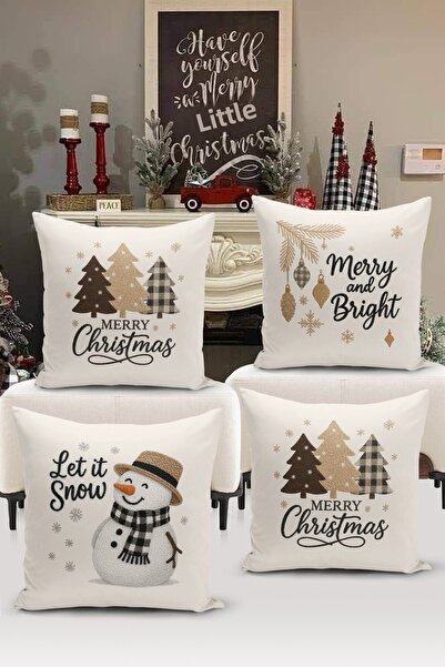 Bertille Home New Year Series Double-Sided Digital Printed Set of 4 Throw Pillow Covers (Christmas Cushion Cover)
