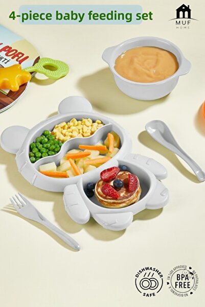 MUF HOME Teddy Bear Shaped 3-Compartment 4-Piece Children's Baby Food Plate +...