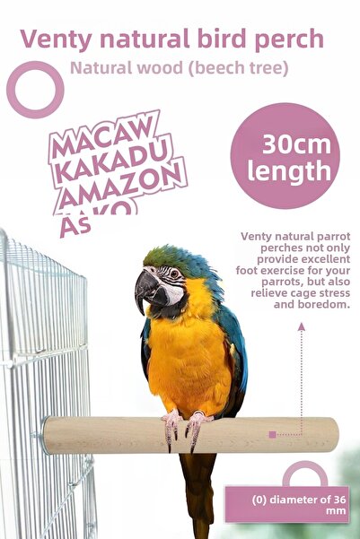 Vixpet Venty Large Parrot Perch 30 cm 36 mm / Natural Wood Bird Perch