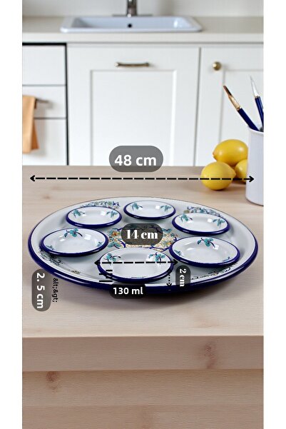 İnci Emaye 7-Piece Large Size Içrağan Patterned Enamel Breakfast Set, Serving Plate, Breakfast Plate, Jam Bowl, Dowry