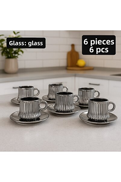 Fiyakalı Ürünler Atölyesi 6-Piece Glass Coffee Cup Set, Serrated Model, Turkish Coffee Cup Set, Tea and Coffee Presentation