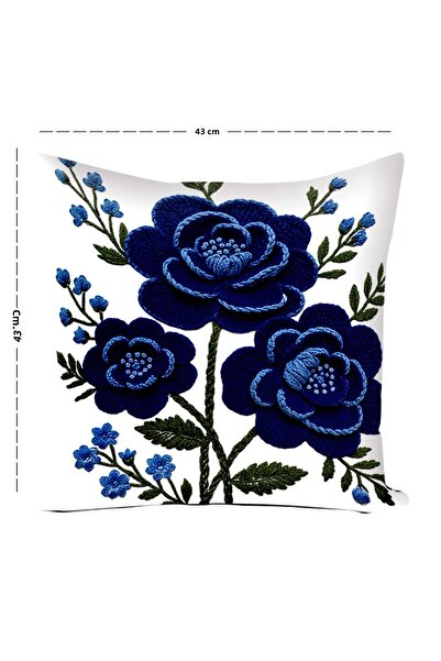 Pillow Home 3D Embroidery Look Navy Blue Flower Patterned Digital Printed Set of 4 Decorative Throw Pillow Cases