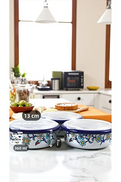 İnci Emaye 3 Piece Medium Size, with Lid, Patterned Enamel Breakfast Set, Presentation, Breakfast Plate, Jam Bowl, Olive