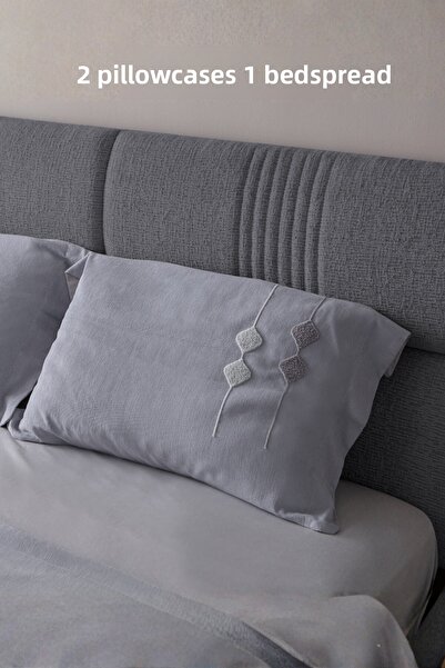 BUGİ HOME COLLECTİON Zen Baklava Pattern Double Size Embroidered Bedspread Set Chenille Fabric Punch Embroidered 240X260Cm