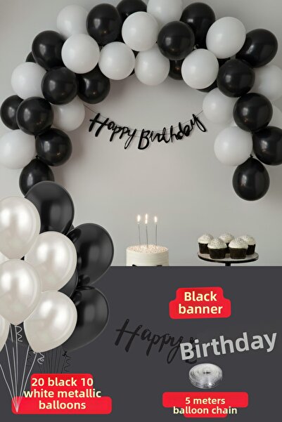 Baloncu Nene Black Happy Birthday Banner Balloon Set Black White Balloon Birthday Party Decorations