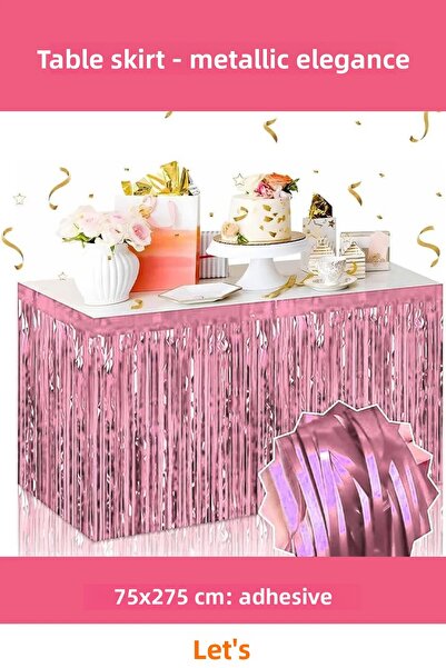 Letsii تنورة طاولة ذاتية اللصق مطلية بالذهب الوردي مع شراشيب 75 × 275 سم