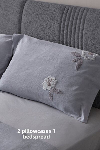 BUGİ HOME COLLECTİON Lalezar Desen Double Embroidered Bedspread Set Chenille Fabric Punch Embroidered 240X260Cm