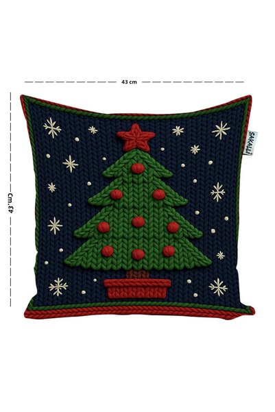 Pillow Home Navy Blue Christmas Themed Digital Printed Throw Pillow Cover with Punch Look Christmas Tree Pattern