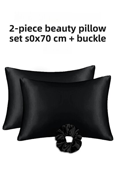 MonoHome غطاء وسادة من الحرير الساتان قطعتين 50×70 سم مع إبزيم ساتان أسود