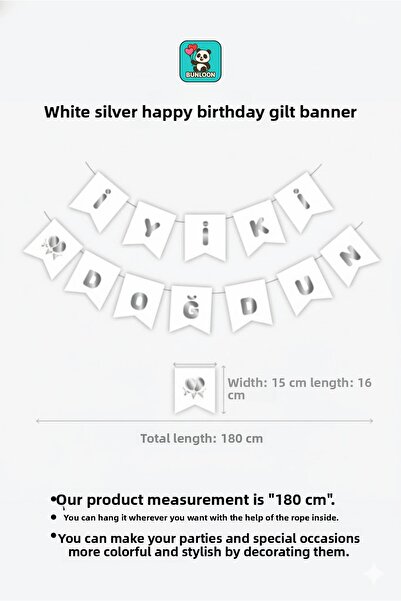 Bunloon White Silver Happy Birthday Gilded Banner – Birthday Lettering