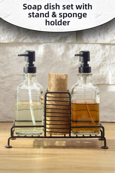 CMT Ibico 3 Piece Metal Stand & Glass Liquid Soap Dispenser Set