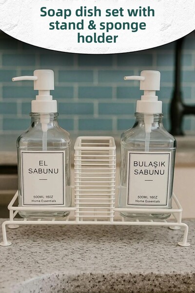 CMT Ibico 3 Piece Metal Stand & Glass Liquid Soap Dispenser Set