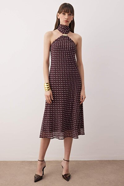 Trendyol Collection Plum Polka Dot Chiffon Lined Midi Dress Tpraw26El00125