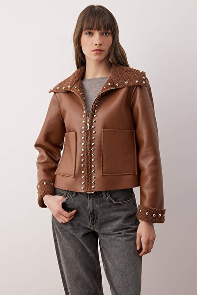Trendyol Collection Light Brown Regular Fit Trock Plush Faux Leather Coat Twoaw26Mo00163