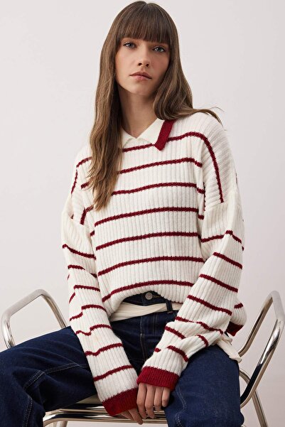 Trendyol Collection White Polo Neck Striped Knitwear Sweater Twoaw26Kz00268