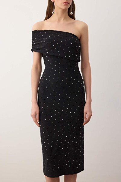 Trendyol Collection Black Stone Printed One Shoulder Knitted Midi Unlined Dress Tpraw26El00061
