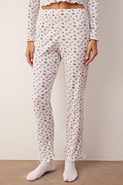 Trendyol Collection Set de pijamale din bumbac alb-multicolor cu detaliu din dantela florala material reiat din material subțire THMAW26PT00217