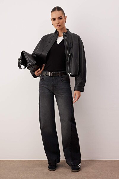 Trendyol Collection Anthracite High Waist Color Block Wide Leg Jeans Twoaw26Je00099