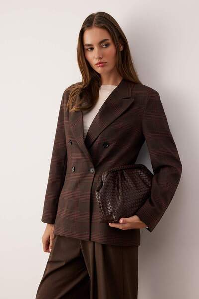Trendyol Collection Кафяво каре/тартан, редовна кройка, двуредно сако с тъкан TWOAW26BC00061