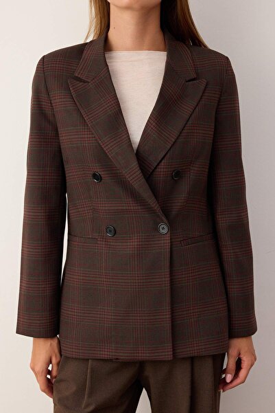 Trendyol Collection Brown Claret Red Plaid Checkered Regular Fit Double-Breasted Closure Woven Blazer Jacket Twoaw26Bc00061
