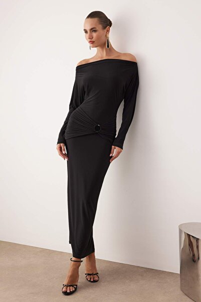 Trendyol Collection Black Asymmetric Neckline Knitted Maxi Unlined Dress Tpraw26El00139