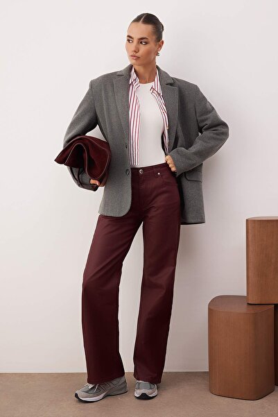 Trendyol Collection Burgundy Coated High Waist Wide Leg Jeans Twoaw26Je00166