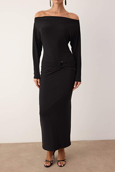 Trendyol Collection Black Asymmetric Neckline Knitted Maxi Unlined Dress Tpraw26El00139
