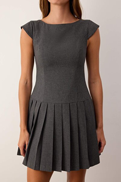 Trendyol Collection Anthracite Mini Polyviscose Pleated Woven Dress Twoaw26El00317