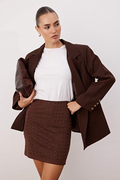 Trendyol Collection Кафява каменна детайл мини/къса плетена пола TWOAW26ET00089