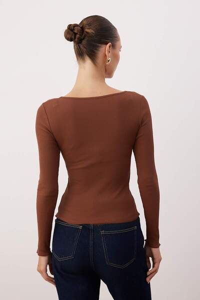 Trendyol Collection Brown-Grey Melange 2-Pack V-Neck Fitted/Fitted Cotton Stretch Knit Blouse Twoaw24Bz00068