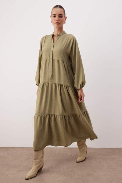 Trendyol Modest Khaki Unlined Plain Woven Linen Look Hijab Dress Tctaw26Eb00055