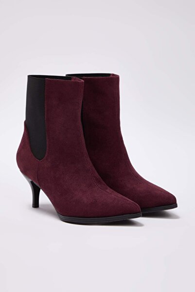 TRENDYOL SHOES Burgundy Suede Pointed Toe Women's Thin Heeled Ankle Boots Takaw26Bo00105
