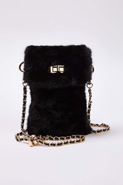 TRENDYOL SHOES Black Faux Fur Crossbody Women's Shoulder and Phone Bag Takaw26Oc00083
