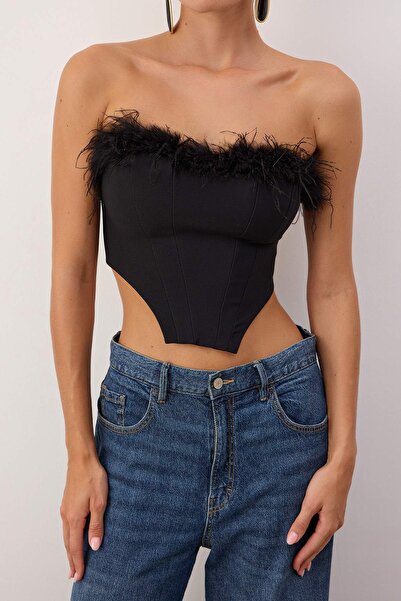 Trendyol Collection Black Otrish Detailed Crop Bustier - Podšívaný, tkaný TPRSS22BS00018