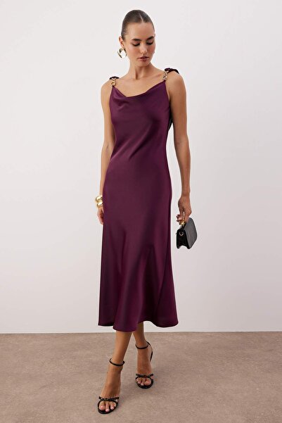 Trendyol Collection Plum Plain Accessory Detailed Woven Satin Maxi Party Dress Tpraw26El00120