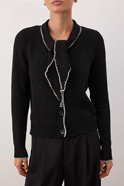 Trendyol Collection Black Shawl Collar Detailed Color Block Knitwear Sweater Twoaw26Kz00244