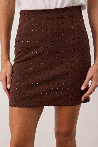 Trendyol Collection Brown Stone Detailed Mini/Short Interlock Knitted Skirt Twoaw26Et00089