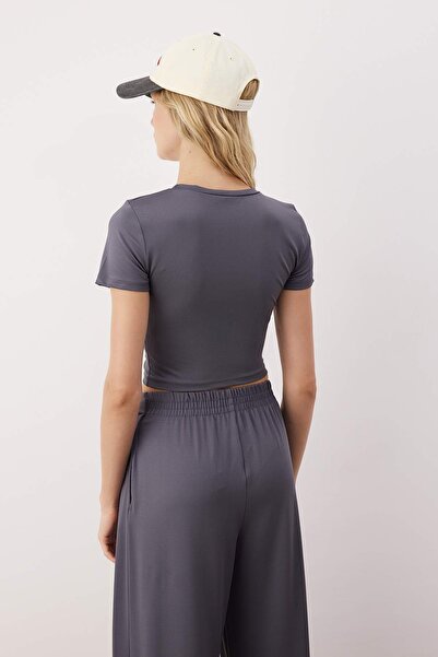 Trendyol Collection Anthracite Ruched Detail Micro Sport Knitted Top/Blouse Thmaw26Bz00007