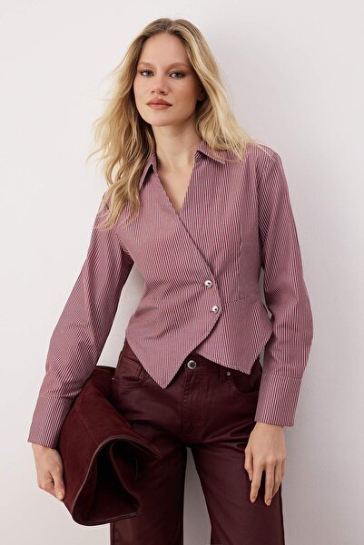 Trendyol Collection Burgundy-Multicolored Striped Silver Button Detailed Shirt Twoaw26Go00081