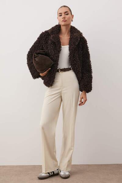 Trendyol Collection Magas derekú, széles szárú bézs szőtt nadrág - TWOSS23PL00314