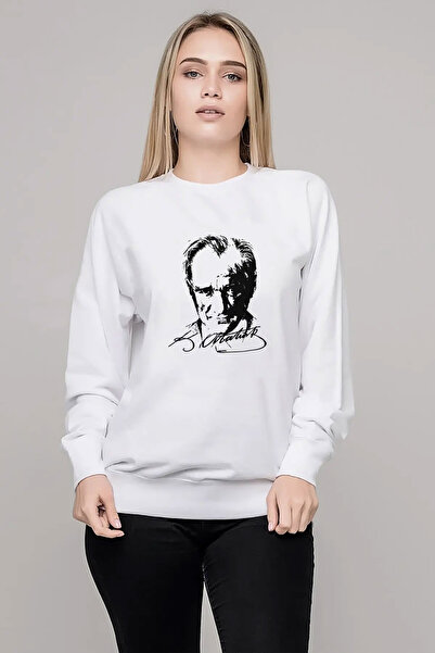 QIVI K Atatürk Signature 1881 1938 Γυναικείο πλεκτό φούτερ με στάμπα λευκό μα...