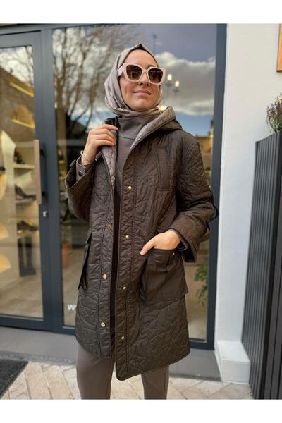 VENO Catania Khaki Green Women's Coat - Quilted Detail